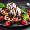 Viennese waffles and soft ice cream with berries close up Royalty Free Stock Photo