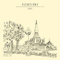 Vientiane, Laos, Southeast Asia. Vintage hand drawn touristic postcard in vector