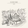 Vientiane, Laos, Southeast Asia. Vintage hand drawn touristic postcard in vector