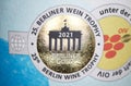 Closeup of Berlin wine trophy label seal for gold awarded winner at international tasting and competition