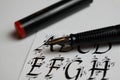 Handwriting and calligraphy learning concept: Macro closeup of ink pen and calligraphic handwritten alphabet letters