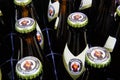 Close up of bavarian Franziskaner wheat beer Weissbier bottles with crown caps in bottle