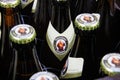 Close up of bavarian Franziskaner wheat beer Weissbier bottles with crown caps in bottle