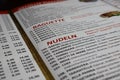 Closeup of menu card of german 24 hours pasta, noodle and pizza service restaurant