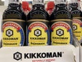 View on bottles Kikkoman soja sauce in shelf of german supermarket