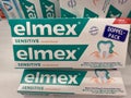 View on carton boxes elmex tooth paste in shelf of german supermarket