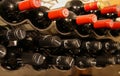 Collection of dusty red wine bottles in a shelf in a row Royalty Free Stock Photo