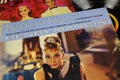 Close up of vinyl record cover soundtrack of Breakfast at tiffanys hollywood movie with Audrey Hepburn