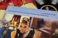 Close up of vinyl record cover soundtrack of Breakfast at tiffanys hollywood movie with Audrey Hepburn