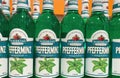 Closeup of bottles german Nordbrand peppermint liqueur in shelf of german store Royalty Free Stock Photo