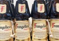 Closeup of bottles italian hazelnut liqueur Frangelico in shelf of german store Royalty Free Stock Photo