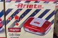 Closeup of box Ariete vintage waffle maker in german supermarket