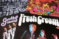Closeup of british rock band The Cream vinyl record album cover collection from 60s