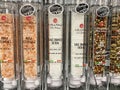 Closeup of Collitali traditional italian salt and pepper condiments in shelf of german supermarket