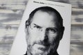 Closeup of Walter Isaacson book cover, biography and portrait of Steve Jobs Apple founder