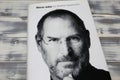 Closeup of Walter Isaacson book cover, biography and portrait of Steve Jobs Apple founder