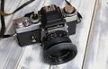 Closeup of isolated Minolta XE-5 single lens analog film reflex camera from 1975