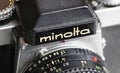 Closeup of Minolta XE-5 single lens analog film reflex camera from seventies