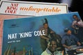 Closeup of american jazz pianist and singer Nat King Cole vinyl record album collection