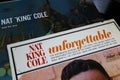 Closeup of american jazz pianist and singer Nat King Cole vinyl record album collection