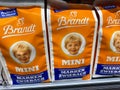 Viersen, Germany - July 9. 2020: Closeup of bags in a row with Brandt rusk crisp breads in german supermarket focus on center
