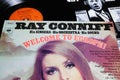 Closeup of band leader Ray Conniff vinyl record album welcome to europe from 1968