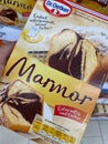 Closeup of box Dr. Oetker ready marble cake baking mix in german supermarket