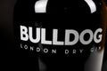 Closeup of britain bulldog london dry gin bottle label lettering