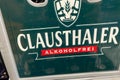 Closeup of Clausthaler alcohol free beer crate in german supermarket