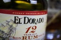 Closeup of isolated bottle label of 12 years old El Dorado rum from Guyana