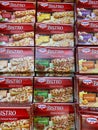 Closeup of isolated boxes with Dr. Oetker frozen bistro baguettes in cooling counter