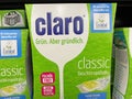 Closeup of pack Claro dishwasher tabs in shelf of german supermarket Royalty Free Stock Photo