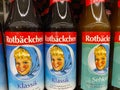 Closeup of RotbÃÂ¤ckchen juice bottles in german supermarket Royalty Free Stock Photo