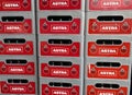 Closeup of stack Astra beer crates in german supermarket