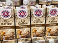 Closeup of stack BÃÂ¤renmarke iced coffee cartons in german supermarket Royalty Free Stock Photo