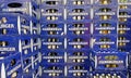 Closeup of stack many blue Flensburger beer crates