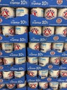Closeup of stacked tins BÃÂ¤renmarke condensed milk in german supermarket