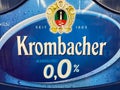 View on isolated alcohol free beer crate with Krombacher brewery logo lettering in german supermarket