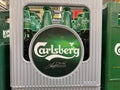 View on isolated beer crate with Carlsberg brewery logo lettering in german supermarket