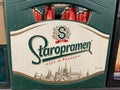 View on isolated beer crate with czech Staropramen brewery logo lettering in german supermarket