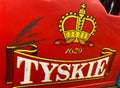 View on isolated beer crate with polish Tyskie brewery logo lettering in german supermarket