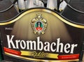 View on isolated radler beer crate with Krombacher brewery logo lettering in german supermarket