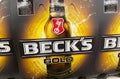 View on six pack Beck s gold beer in german supermarket