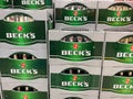 View on stacked green Beck s beer crates in german supermarket