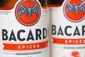 Closeup of isolated bottle label Bacardi spiced rum