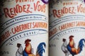 Closeup of french red Merlot Cabernet Sauvignon belle cuvee wine bottle vintage design label Premier Rendez-Vous