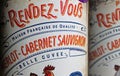 Closeup of french red Merlot Cabernet Sauvignon belle cuvee wine bottle vintage design label Premier Rendez-Vous