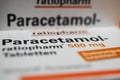 Closeup of packet paracetamol 500 pills from ratiopharm