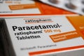 Closeup of packet paracetamol 500 pills from ratiopharm