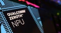 Closeup of smartphone screen with logo lettering of Qualcomm Zeroth NPU neural processor on computer keyboard Royalty Free Stock Photo